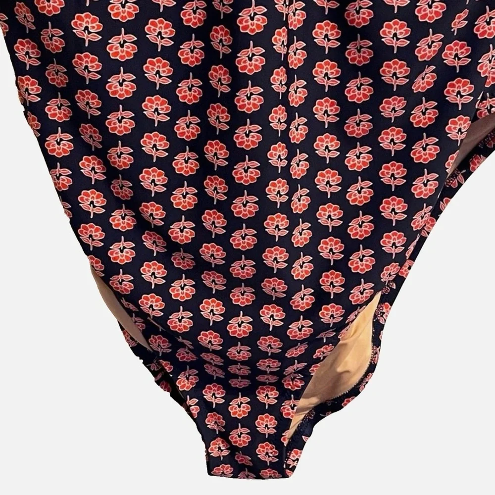 J.Crew Plus 2X One Piece Swimsuit Red Navy Floral Tummy Control Tie Front